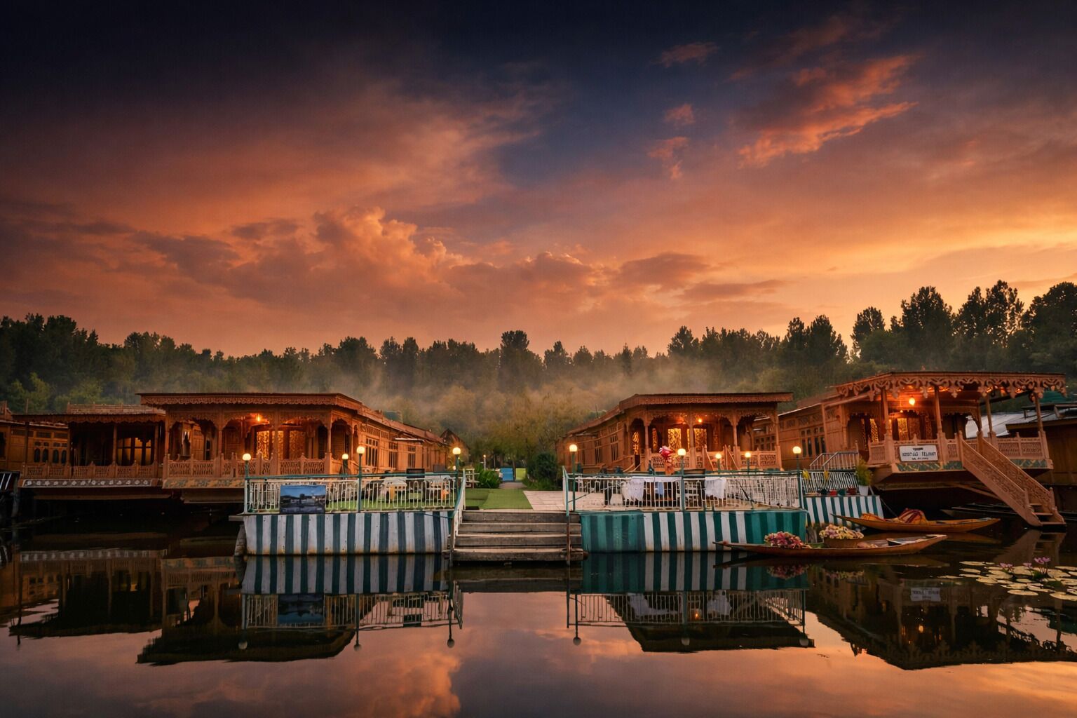 Firdous Tours carved cedar heritage houseboat moored on Dal Lake, Srinagar